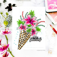 Load image into Gallery viewer, Gina K. Designs - Stamps - Treat Yourself. Treat Yourself is a stamp set by Lisa Hetrick. This set is made of premium clear photopolymer and measures 6" X 8". Made in the USA  Coordinating die set sold separately. Available at Embellish Away located in Bowmanville Ontario Canada. Card design by brand ambassador
