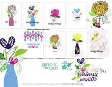 Load image into Gallery viewer, Gina K. Designs - Stamp &amp; Die Set - Whimsy And Wonder. Whimsy and Wonder is a set by Lisa Hetrick. This set is made of premium clear photopolymer and measures 6" X 8". Made in the USA. Available at Embellish Away located in Bowmanville Ontario Canada. Example Board by Lisa Hetrick. For Personal Use only.
