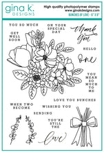 Charger l'image dans la galerie, Gina K. Designs - Stamp &amp; Die Set - Bunches Of Love. Bunches of Love is a stamp set by Arjita Singh. This stamp set is made of premium clear photopolymer and measures 6" X 8". Available at Embellish Away located in Bowmanville Ontario Canada.
