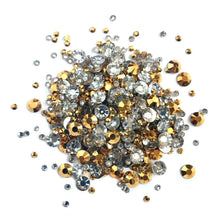 Load image into Gallery viewer, Buttons Galore - Jewelz - 8g - Variety of colours. A mix of 3mm, 5mm &amp; 6mm faceted AB Jewelz. Flat back, jelly bottom rhinestones for jewelry and crafts. Available Colours: Alabaster White, Jet, Hematite, Silver, Gold, Copper, Rainbow, Peridot, Emerald, Light Sapphire, Sapphire, Aquamarine, Capri Blue, Dark Aqua, Light Amethyst, Amethyst, Topaz, Lemon, Orange, Mid Orange, Siam, Fuchsia, Rose, Jet Black. Available at Embellish Away located in Bowmanville Ontario Canada. Gold.
