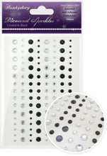 Load image into Gallery viewer, This stunning selection of brand new gemstones from Hunkydory Crafts is the perfect essential addition to your craft stash! The brand new packs include 3 different sizes – 3mm, 5mm and 7mm and include a range of colours. Available at Embellish Away located in Bowmanville Ontario Canada. Crystal &amp; Black
