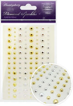 Load image into Gallery viewer, This stunning selection of brand new gemstones from Hunkydory Crafts is the perfect essential addition to your craft stash! The brand new packs include 3 different sizes – 3mm, 5mm and 7mm and include a range of colours. Available at Embellish Away located in Bowmanville Ontario Canada. Gold and Silver

