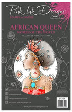 Load image into Gallery viewer, Pink Ink Designs - A5 Clear Stamp Set - African Queen. From the Women of the World series this is a beautifully hand drawn image that is an enchanting, hand drawn, woman captures the beauty of the African Continent. This beauty will lure you to the craft-room again and again. She comes with additional elements for you to add to your projects. Available at Embellish Away located in Bowmanville Ontario Canada.
