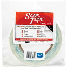 Load image into Gallery viewer, Scor-Tape - .25"X27yd. Premium double-sided adhesive that is perfect for cards, boxes, glitter, embossing, scrapbooking, foils, ribbon, origami, iris folding, micro beads, and much more! This tape is acid free and heat resistant. Available at Embellish Away located in Bowmanville Ontario Canada.
