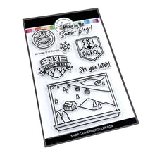 Load image into Gallery viewer, Catherine Pooler - Stamp &amp; Dies - Ski Lodge. The Ski Lodge Stamp Set gives you a view of the mountain along with badges and sentiments for adorable snowy card making! You can also add Alpine View Die for your wintery mix (Sold Separately). Available at Embellish Away located in Bowmanville Ontario Canada.
