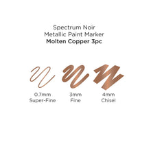 Load image into Gallery viewer, Spectrum Noir - Metallic Paint Marker - 3/Pkg - Molten Copper. A new line of intense, high-shine opaque metallic markers in gold silver and copper. Use on paper, card, canvas, wood, metal, plastic, glass, ceramic and most surfaces. Each set includes: 3 Markers, 1 colour. With a .7MM Superfine Tip, 3MM Fine Tip AND 4 MM Chisel Tip for a huge range of applications. Available at Embellish Away located in Bowmanville Ontario Canada.
