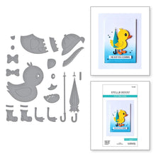 Charger l'image dans la galerie, Spellbinders - Etched Dies By Vicki Papaioannou - Duck W/Umbrella - Showered In Love. This set of 11 thin metal dies makes an adorable duck can be dressed up with a bow tie to wearing a rain slicker with a hat. It even has boots and an umbrella. Available at Embellish Away located in Bowmanville Ontario Canada.
