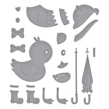 Charger l'image dans la galerie, Spellbinders - Etched Dies By Vicki Papaioannou - Duck W/Umbrella - Showered In Love. This set of 11 thin metal dies makes an adorable duck can be dressed up with a bow tie to wearing a rain slicker with a hat. It even has boots and an umbrella. Available at Embellish Away located in Bowmanville Ontario Canada.
