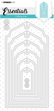 Load image into Gallery viewer, Studio Light - Cutting Die Urban Tag Essentials - 105x210x1mm 1 pc - nr.105. This set of cutting dies cuts 6 different sized nested tags and also includes hole reinforcers. These handy tags are a great addition to cards and scrapbook layouts.  Size: 4.1" x 8.3 inches. Available at Embellish Away located in Bowmanville Ontario Canada.
