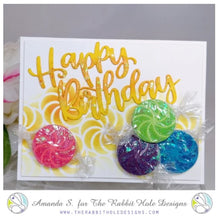 Load image into Gallery viewer, The Rabbit Hole Designs - 6x6 Stencil - Candy Twist. The Rabbit Hole Designs is proud to bring you our Made in the U.S.A 6x6 Stencils that will soon become an essential in your paper crafting and mixed media projects. You can paint, spray, mist, spritz, airbrush, sponge, doodle, mask, and so more!  Available at Embellish Away located in Bowmanville Ontario Canada. Card design by Amanda S.
