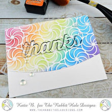 Load image into Gallery viewer, The Rabbit Hole Designs - 6x6 Stencil - Candy Twist. The Rabbit Hole Designs is proud to bring you our Made in the U.S.A 6x6 Stencils that will soon become an essential in your paper crafting and mixed media projects. You can paint, spray, mist, spritz, airbrush, sponge, doodle, mask, and so more!  Available at Embellish Away located in Bowmanville Ontario Canada. Card design by Katie B.
