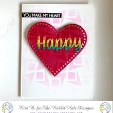 Load image into Gallery viewer, The Rabbit Hole Designs - Die Set - Happy - Scripty Word with Shadow. The Rabbit Hole Designs dies are made of durable 100% steel. Usable in nearly every machine on the market! Use on cardstock, felt, fabric or shrink plastic. You can use wafer thin dies to cut, stencil, emboss and create! Made in the USA. Available at Embellish Away located in Bowmanville Ontario Canada. Card design by Kim B.
