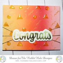 Cargar imagen en el visor de la galería, The Rabbit Hole Designs - Scripty Word Hot Foil Plate - Congrats. Create a stunning, letterpress feel to all your projects using our new hot foil dies! Designed to work in any standard hot foil system, be sure to follow the instructions in your manual for a standard hot foil plate. Made in the USA.  Coordinates with Congrats - Scripty 3x4 Stamp Set &amp; Congrats - Scripty Word with Shadow Dies. Available at Embellish Away located in Bowmanville Ontario Canada. Card design by Deanna.
