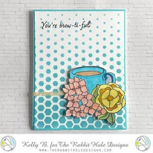 Charger l'image dans la galerie, The Rabbit Hole Designs - Stamp Set - Caffeinated - Spring Coffee - 4x4. Deeply etched, clear photopolymer stamps for precise placement. Made in the USA. Available at Embellish Away located in Bowmanville Ontario Canada. Card design by Kelly B.
