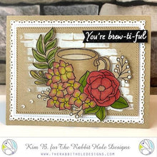 Charger l'image dans la galerie, The Rabbit Hole Designs - Stamp Set - Caffeinated - Spring Coffee - 4x4. Deeply etched, clear photopolymer stamps for precise placement. Made in the USA. Available at Embellish Away located in Bowmanville Ontario Canada. Card design by Kim B.
