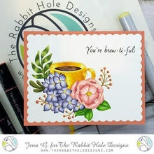 Charger l'image dans la galerie, The Rabbit Hole Designs - Stamp Set - Caffeinated - Spring Coffee - 4x4. Deeply etched, clear photopolymer stamps for precise placement. Made in the USA. Available at Embellish Away located in Bowmanville Ontario Canada. Card design by Jenn G.
