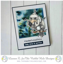 Charger l'image dans la galerie, The Rabbit Hole Designs - Stamp Set - Caffeinated - Vulture - 4x4. Deeply etched, clear photopolymer stamps for precise placement. Made in USA.  Coordinates with our Caffeinated Vulture Die. Available at Embellish Away located in Bowmanville Ontario Canada. Card designed by Lauren Z.
