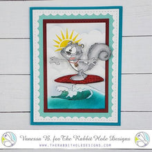 Charger l'image dans la galerie, The Rabbit Hole Designs - Stamp Set - 3x4 - Clarence Surfing. Deeply etched, clear photopolymer stamps for precise placement. Featuring the art of Dustin Pike. Made in USA. Available at Embellish Away located in Bowmanville Ontario Canada. Card design by Vanessa B.
