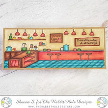 Cargar imagen en el visor de la galería, The Rabbit Hole Designs - Stamp Set 4x6 - Coffee Shop Background. Deeply etched, clear photopolymer stamps for precise placement. Featuring the artwork of Dustin Pike. Made in the USA. Available at Embellish Away located in Bowmanville Ontario Canada. Card design by Shanna S.

