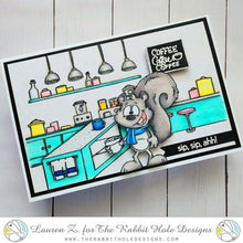 Cargar imagen en el visor de la galería, The Rabbit Hole Designs - Stamp Set 4x6 - Coffee Shop Background. Deeply etched, clear photopolymer stamps for precise placement. Featuring the artwork of Dustin Pike. Made in the USA. Available at Embellish Away located in Bowmanville Ontario Canada. Card design by Lauren Z.
