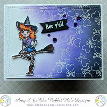 Charger l'image dans la galerie, The Rabbit Hole Designs - Stamp Set - 4x4 - Country Witch. Deeply etched, clear photopolymer stamps for precise placement. Made in the USA.  Coordinates with Country Witch Dies. Available at Embellish Away located in Bowmanville Ontario Canada. Card design by Amy S.

