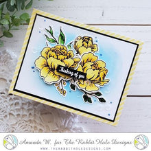 Charger l'image dans la galerie, The Rabbit Hole Designs - Stamp Set - Pretty in Peony - 4x6. Deeply etched, clear photopolymer stamps for precise placement. Made in the USA. Available at Embellish Away located in Bowmanville Ontario Canada. Card design by Amanda W.
