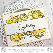 Charger l'image dans la galerie, The Rabbit Hole Designs - Stamp Set - Pretty in Peony - 4x6. Deeply etched, clear photopolymer stamps for precise placement. Made in the USA. Available at Embellish Away located in Bowmanville Ontario Canada. Card design by Lisa G.
