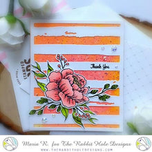 Charger l'image dans la galerie, The Rabbit Hole Designs - Stamp Set - Pretty in Peony - 4x6. Deeply etched, clear photopolymer stamps for precise placement. Made in the USA. Available at Embellish Away located in Bowmanville Ontario Canada. Card design by Maria R.
