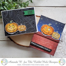 Charger l'image dans la galerie, The Rabbit Hole Designs - Stamp Set - Pumpkin Friends - 3x4. Deeply etched, clear photopolymer stamps for precise placement. Pumpkins 3.505"w X 2.33"h. Made in the USA. Available at Embellish Away located in Bowmanville Ontario Canada. Card design by Amanda W.

