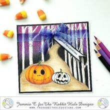 Charger l'image dans la galerie, The Rabbit Hole Designs - Stamp Set - Pumpkin Friends - 3x4. Deeply etched, clear photopolymer stamps for precise placement. Pumpkins 3.505"w X 2.33"h. Made in the USA. Available at Embellish Away located in Bowmanville Ontario Canada. Card design by Jammie C.
