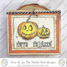 Charger l'image dans la galerie, The Rabbit Hole Designs - Stamp Set - Pumpkin Friends - 3x4. Deeply etched, clear photopolymer stamps for precise placement. Pumpkins 3.505"w X 2.33"h. Made in the USA. Available at Embellish Away located in Bowmanville Ontario Canada. Card design by Lisa G.
