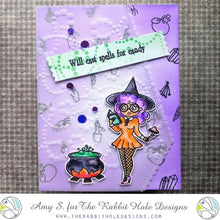 Cargar imagen en el visor de la galería, The Rabbit Hole Designs - Stamp Set - 4x6 - Spellcaster Witch. Deeply etched, clear photopolymer stamps for precise placement. Made in the USA.  Coordinates with Spellcaster Witch Dies. Available at Embellish Away located in Bowmanville Ontario Canada. Card design by Amy S.
