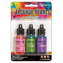 Load image into Gallery viewer, Tim Holtz - Alcohol Ink Pearls Kits  - 3 per Pack - Select from Drop Down. Each Kit sold separately. Tim Holtz Alcohol Pearls are permanent, fast drying, pigment and dye inks formulated to create pearlescent colorful effects. Ideal for use on Alcohol Ink Yupo, as well as Alcohol Ink Cardstock, Foil Cardstock, Glossy Paper, and more. Apply Alcohol Pearls to metal, glass, and glazed tiles for limitless creative possibilities. WARNING: Flammable, irritant, vapor harmful.
