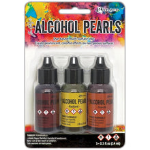 Load image into Gallery viewer, Tim Holtz - Alcohol Ink Pearls Kits  - 3 per Pack - Select from Drop Down. Each Kit sold separately. Tim Holtz Alcohol Pearls are permanent, fast drying, pigment and dye inks formulated to create pearlescent colorful effects. Ideal for use on Alcohol Ink Yupo, as well as Alcohol Ink Cardstock, Foil Cardstock, Glossy Paper, and more. Apply Alcohol Pearls to metal, glass, and glazed tiles for limitless creative possibilities. WARNING: Flammable, irritant, vapor harmful.
