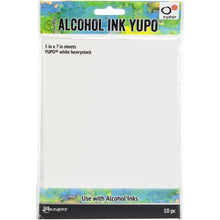 Load image into Gallery viewer, Ranger - Tim Holtz - Alcohol Ink White Yupo Paper - 144lb - 10/Pkg - 5"X7". YUPO is a versatile surface specially suited for watercolor &amp; mixed media techniques using Tim Holtz Alcohol Inks, Mixatives, &amp; Blending Solution. YUPO white heavy stock is a smooth, synthetic, ultra-heavyweight 144lb surface that resists buckling &amp; dries quickly. Non-porous, water resistant surface. This package contains 10 5x7 sheets of white heavystock. Made in USA. Available at Embellish Away located in Bowmanville ON Canada.
