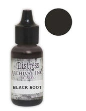 Charger l'image dans la galerie, Tim Holtz® Re-Inkers can be used to re-ink Distress Archival Ink Pads, which are sold separately. They are Acid Free, Non-Toxic and Fade Resistant. Package contains one Tim Holtz® Distress® Archival Re-Inker, 0.5 ounces. Available in assorted colors, each sold separately. Made in the USA. Available at Embellish Away located in Bowmanville Ontario Canada. Black Soot
