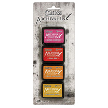 Charger l'image dans la galerie, Tim Holtz - Distress Archival Mini Ink Kit. These inks are ideal for various craft and mixed-media projects. This 3.25x8 inch package contains four waterproof, fade resistant ink pads that measure 1.25x1.75 inches each. Conforms to ASTM D4236. Made in the USA. Available at Embellish Away located in Bowmanville Ontario Canada. Colours, Picked Raspberry, Barn Door, Spiced Marmalade, Fossilized Amber
