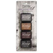 Charger l'image dans la galerie, Tim Holtz - Distress Archival Mini Ink Kit. These inks are ideal for various craft and mixed-media projects. This 3.25x8 inch package contains four waterproof, fade resistant ink pads that measure 1.25x1.75 inches each. Conforms to ASTM D4236. Made in the USA. Available at Embellish Away located in Bowmanville Ontario Canada. Colours" Hickory Smoke, Vintage photo, Ground Espresso, Black Soot.
