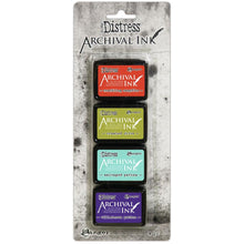 Charger l'image dans la galerie, Tim Holtz - Distress Archival Mini Ink Kit. These inks are ideal for various craft and mixed-media projects. This 3.25x8 inch package contains four waterproof, fade resistant ink pads that measure 1.25x1.75 inches each. Conforms to ASTM D4236. Made in the USA. Available at Embellish Away located in Bowmanville Ontario Canada. Colours: Crackling Campfire, Crushed Olive, Salvaged Patina, Villainous Potion.
