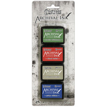 Charger l'image dans la galerie, Tim Holtz - Distress Archival Mini Ink Kit. These inks are ideal for various craft and mixed-media projects. This 3.25x8 inch package contains four waterproof, fade resistant ink pads that measure 1.25x1.75 inches each. Conforms to ASTM D4236. Made in the USA. Available at Embellish Away located in Bowmanville Ontario Canada. Colours: Rustic Wilderness, Fired Brick, Frayed Burlap, Prize Ribbon.

