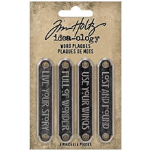Load image into Gallery viewer, Tim Holtz - Idea-Ology - Metal Word Plaques - 4/Pkg. Tim Holtz Word Plaques are metal labels that feature unique raised words on each. Simply adhere or use Tim Holtz fasteners for an expressive label on your next make. Word Plaques by Tim Holtz are decorative metal labels with raised words. Available at Embellish Away located in Bowmanville Ontario Canada.
