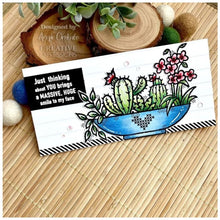 Load image into Gallery viewer, Woodware - 4"x6" Clear Singles Stamp - Plant Display. On trend stamp with a display of succulents with a love theme. Add a personal touch with your favourite colouring medium and the fun words. Designed by Francoise Read. These stamps would be perfect for cards and scrapbook pages as well as mixed media or fun décor projects. Available at Embellish Away located in Bowmanville Ontario Canada. card by designer Angie Cimbalo
