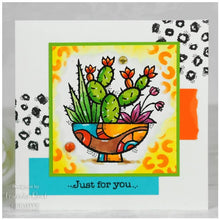 Charger l'image dans la galerie, Woodware - 4"x4" Clear Singles Stamp - Succulent Display. On trend stamp with a pot filled with succulents the pot is calling out to be coloured in hot desert colours. Add a personal touch with your favourite colouring medium and the fun words. Designed by Francoise Read. These stamps would be perfect for cards and scrapbook pages as well as mixed media or fun décor projects. Available at Embellish Away located in Bowmanville Ontario Canada. card design by Francoise Read
